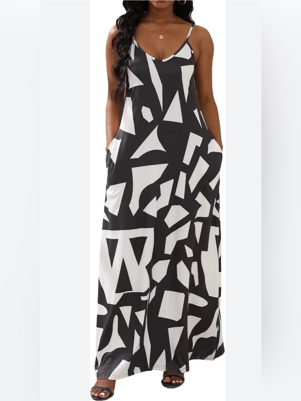 Women’s Abstract Print Maxi Dress Sleeveless Spaghetti Strap XL Black White Boho